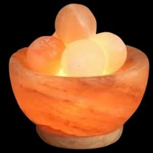 Himalayan Pink Salt Bowl with small Rock Pieces and light 1