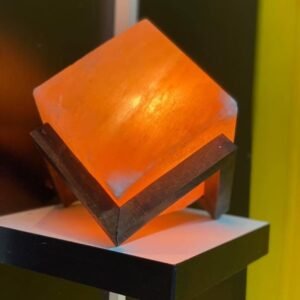 Square Pink Himalayan Salt Lamp on Zigzag Wooden Stand – Artisan-Carved Block of Calm and Warmth