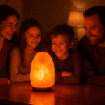 A Salt LAmp on Coffee Table and The Family sitting around Enjoying